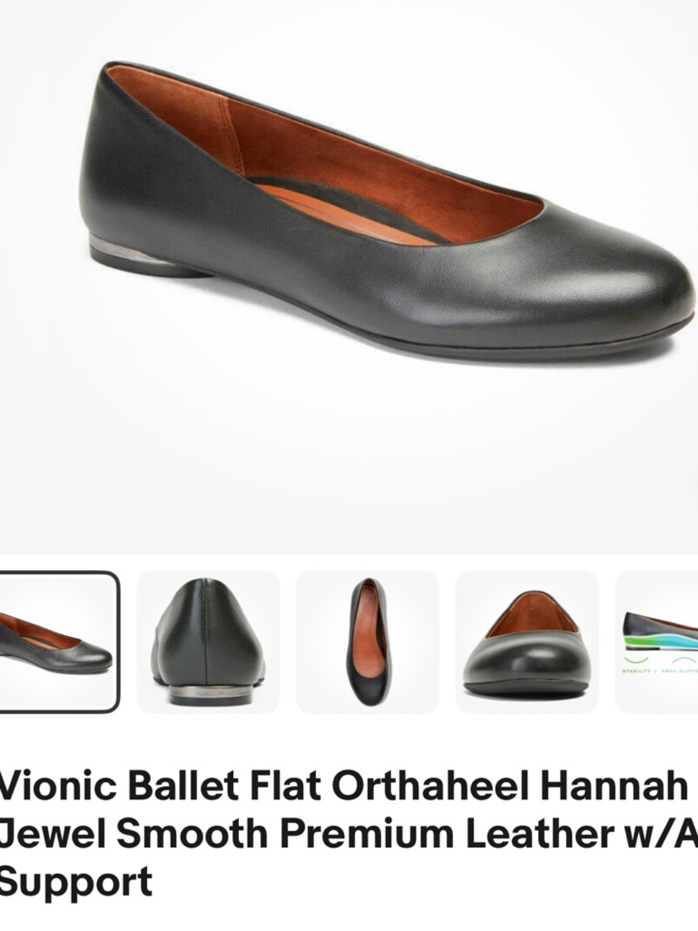 Vionic Black Leather Ballet Flat with Brown Interior